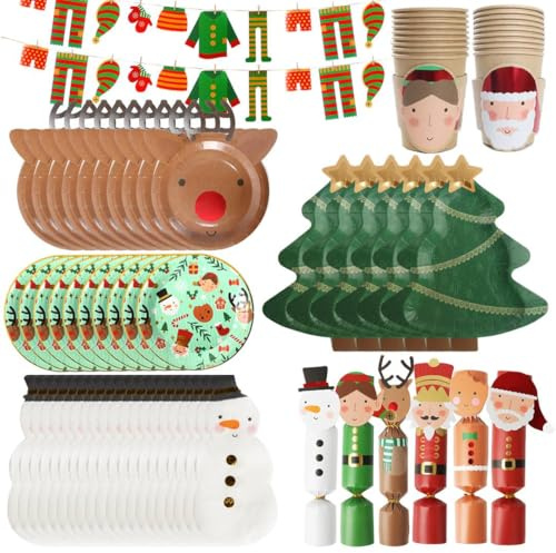 I LOVE FANCY DRESS Christmas Partyware - Set di 64 bandierine per bucato, piatti natalizi assortiti, bicchieri di Babbo Natale ed elfi, tovaglioli con pupazzo di neve, set di decorazioni natalizie