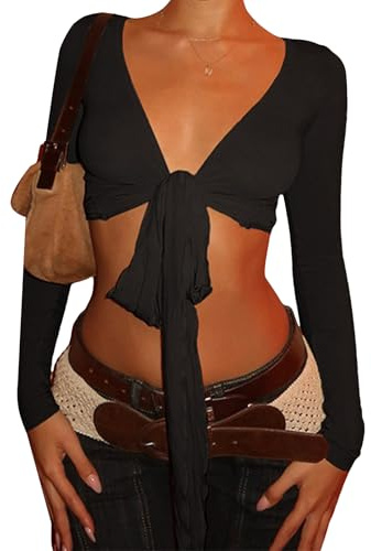 Felcia Women's Tie Front Crop Top Deep V Neck Solid Color Long Sleeve Wrap Blouse Workout Balet Top Fitness Yoga T-Shirt