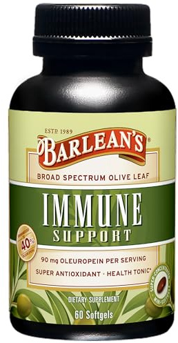Barlean's Olive Leaf Complex Softgels Immune Support Supplement with 90 mg Oleuropein Antioxidants, Concentrated Heart Health and Immunity Booster Pills, 60 Count
