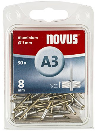 Novus a 3 remache de aluminio con 8 mm Longitud, 30 Remaches ciegos con 3 mm de diámetro y 4,0 – 5,5 mm longitud de pinza, óptima remachadora para fijación de sustancias No Hierro Metal, Plástico, y piel, 045 – 0021