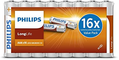 Philips Batterie AAA LongLife - RO3 Micro 1,5 V LongLife - Batterie Alcaline 16 Pezzi