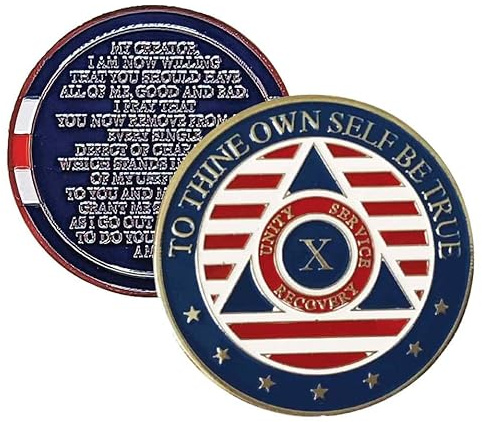 Stars and Stripes Alcoholics Anonymous Chip with 7th Step Prayer on Back Coin Capsule Included (Available in 1-50 Years)