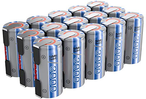 Tenergy NiMH SubC 1.2V 3000mAh Rechargeable Batteries, with Tabs, 15 Pack