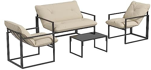 Outsunny - Salón de jardín (4 piezas, 4 personas, sofá de 2 plazas, 2 sillones y 1 mesa baja, 3 cojines para terraza jardín, acero negro poliéster, gris
