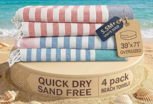 LANE LINEN Paquete de 4 toallas de playa de algodón de gran tamaño, prelavadas, absorbentes y de secado rápido, sin arena, diamante de rayas múltiples, 39 x 71 pulgadas