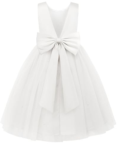 JerrisApparel Flower Girls Dress Wedding Satin Dresses Princess Birthday Party Prom Ball Gown (5T, White)
