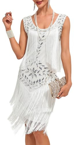 Minetom Vestiti Anni 20 Donna con Paillettes E Frange 1920S Abito Vestito Gatsby Vestito Charleston Festa A Tema Flapper Dress C Bianco M