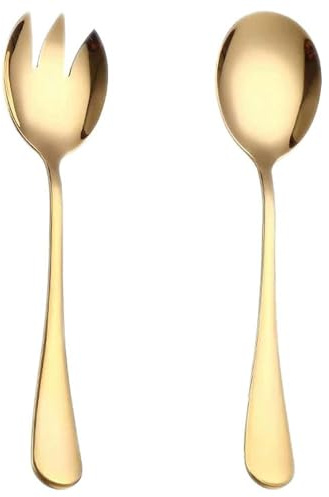 Diyfixlcd 2pcs Salad Server Set Stainless Steel Gold Salad Spoons and Fork Salad Lifters for Tossing and Serving