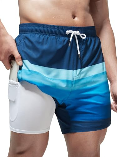 Arcweg Bañador para Hombre con Forro de Compresión 2 en 1 de Secado Rápido con Forro Corto Pantalones Cortos de Surf Elásticos con Bolsillos con Cremallera XXL
