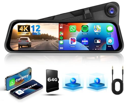 Hodozzy Espejo Retrovisor Dashcam con Pantalla Táctil 4K de 12 Pulgadas, Cámara Retrovisor Frontal y Trasera Coche con Carplay Android Auto, Bluetooth, Dashcam Grabación en Bucle y Sensor G,FM AUX