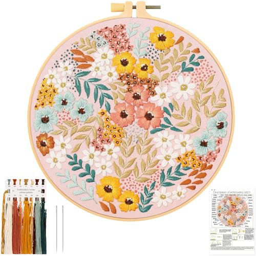JSRQT Kit Ricamo Principianti con Motivo Fiori e Piante,Ricamo a Mano a Punto Croce per Adulto,Ricamo Starter Kit,Embroidery Starter Cucire Kit