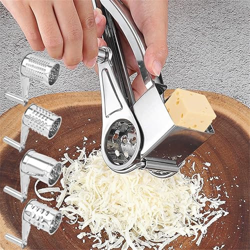 SUQ 4 in 1 Grattugia Formaggio, Grattugia Rotativa Portatile con Manico per Cucina con 3 Lame Sostituibili in Acciaio Inox, Grattugia Rotativa Manuale per Formaggio, Affettatrice per Verdure