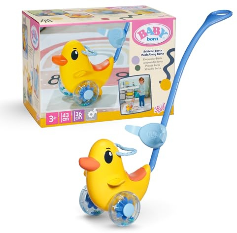 BABY born Push-Along Berta - Doll ride on toy with adjustable handlebar & rattling wheels - Fits 36cm & 43cm Dolls - Premium accessory for Children Aged 3+, Gelb