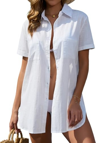 Vancavoo Strandöverdrag Dam Strandklänning Maxi Lång Skjorta Bomull Klänning Sommar Skjorta Täcker Strand Baddräkt Lös Avslappnad Bikini Cover Up, Vit, XL