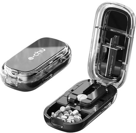 Dzmuero Taglia pastiglie, Taglia pillole di precisione, Taglia pillole, Compatto e portatile, 1 diviso in 2, 1 diviso in 4, Taglierino per medicinali multifunzionale, Scatola per medicinali (Nero)