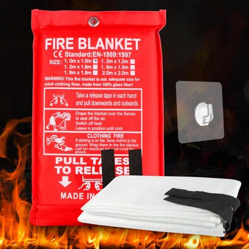 URHRHU Couverture Anti Feu Cuisine, 100 x 100 cm Couverture Incendie Couverture Anti-feu en Fibre de Verre avec 1 Crochets Auto-adhésifs pour Bureau Voiture Camping Gril Entrepôt (1 Pièce)