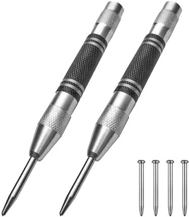 2PCS Automatic Centre Punches, Heavy Duty Spring Loaded Center Hole Punch, Spring Tension Impact Hole Drilling, Adjustable Positioning Drilling Tool with 4 Replacement Tips for Metal Glass Wood Wall