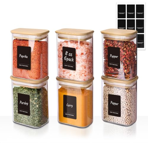 Comsaf Spice Jars with Label，8 oz Small Glass Jars with Lids, 6 Pcs Seasoning Containers, Rectangle Glass Containers with Lids, Empty Seasoning Jars for Pantry Storage, Loose Tea, Herbs, Powders, Salt