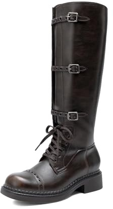 DREAM PAIRS Bottes Hautes Femme Style Motard, Bout Carré, Fermeture Éclair Latérale et Boucles Réglables au Mollet, Confortables et Élégantes,Size 38,Brun,DWUMKB2512