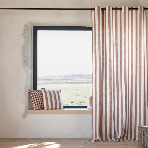 QABANE - Rideau 100% Coton Larges Rayures LOURMARIN - Coton Flammé à Rayures Tissées - Finition Lavée avec Œillets Métalliques - Prêt-à-Poser pour Salon, Chambre - 140 x 260 cm - Terracotta