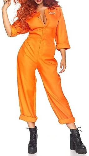 Springcmy Men Women Orange Prisoner Jumpsuit Jail Costume Role-Play Party Zipper Cosplay Halloween Jailbird Inmate Costume