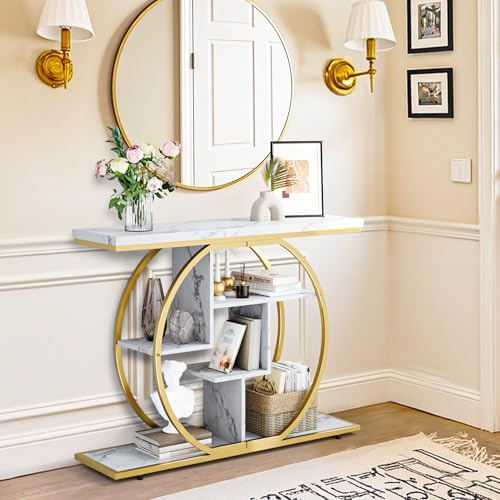 Pampaic Console Table, Hallway Table with 5-Tier Storage Shelves,105 x 30 x 80 cm, Entryway Table with Adjustable Foot Pads, Console Tables for Hallway Slim, Living Room, Behind Couch, White Golden