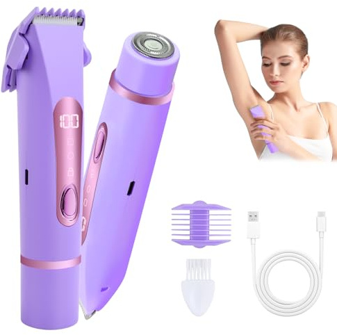 Focenat Afeitadora Mujer, 2 en 1 Afeitadora Eléctrica Mujer, Recortadora Mujer Zona Intima y Corporal, Impermeable IPX7, Uso Húmedo y Seco, para Bikini, Axilas, Brazos, Piernas y Cara (Morado)