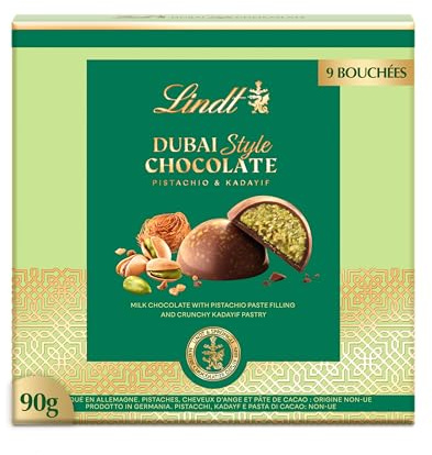 Lindt Praline DUBAI STYLE CHOCOLATE, Praline di Cioccolato al Latte ripiene di di Pistacchio e Kadayf, Formato 90g (12x90g)