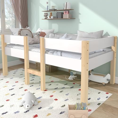 BXEYXE säng barnsäng med kantskydd Furu massivt trä – 90 x 190 cm – vitt och ek