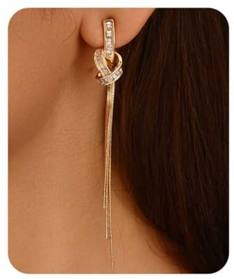 18K Gold/Silver Plated Dangle Earrings for Women Sparkly Rhinestone Long Tassel Dangle Earrings Dainty Long Hanging Chain Earrings Wedding Party Prom Earrings (Gold)