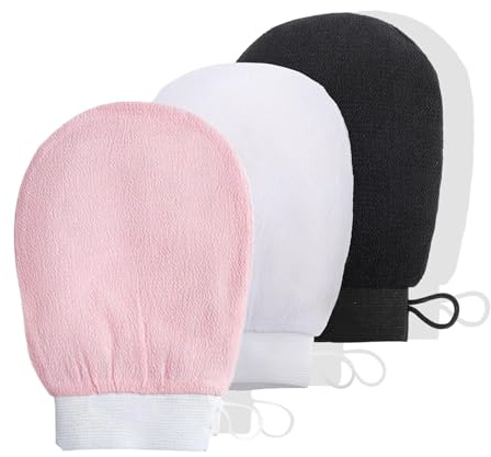 fKiZanthene Lot de 3 Gants Exfoliants Corps Réutilisables, Gant de Crin en Fibre de Viscose, Gant Gommage Corps pour Hammam, Douche et Sauna, Noir Blanc Rose pour Peau Lisse et Douce