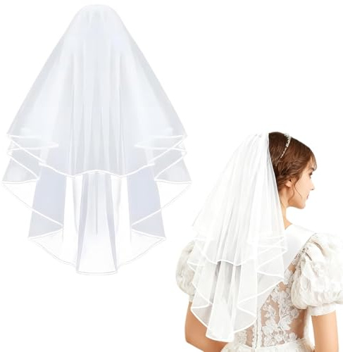 xutong Velo de novia de boda, blanco, tul con borde satinado, velo corto con peine, 60 – 80 cm, accesorios clásicos de boda