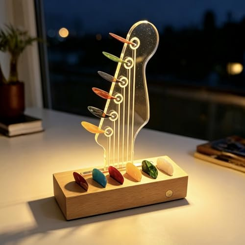 Light Up Guitar Pick Holder: Rechargeable Picks Display Case with Light | Touch Contorl Guitar Pick Storage Box with 6 Guitar Picks Guitar Accessories for Bass Ukulele (Electric Headstock)