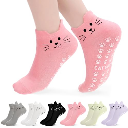 Zuimei 6 Pairs Pilates Socks Cute Cat Non Slip Yoga Socks for Women Reformer Pilates Grip Socks Anti Slip Slipper Socks for Yoga Trampoline Dance Hospital Home Colorful