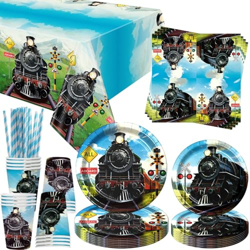 Vajilla de cumpleaños con diseño de tren, incluye plato de cena, plato de postre, taza, servilleta, mantel de popote, decoraciones para locomotoras, suministros de fiesta, sirve para 20 unidades