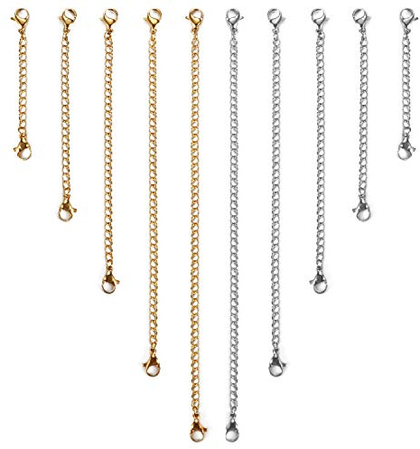 Cupimatch 10 stycken rostfritt stål förlängningskedja för smycken halskedja utvidgande kedja i 5 storlekar unisex, silver/guld
