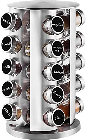 FOMANSH Countertop Revolving Spice Rack, 20-Jars Stainless Steel Spice Rack Oraganizer, Round Carousel Spice Rack Tower, Seasoning Storage Organization for Kitchen Home Dried Herbs, Silver
