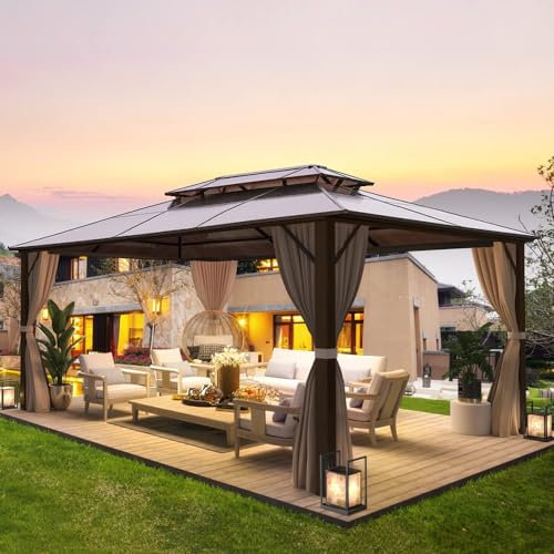 EROMMY 4 X 3 m Pavillon Doppeldach Alu Wasserdicht mit Vorhang-Seitenteile und Netz, Wetterfest Gartenpavillon Stabil Aluminiumrahmen Polycarbonat Partyzelt Hardtop für Garten, Terrasse