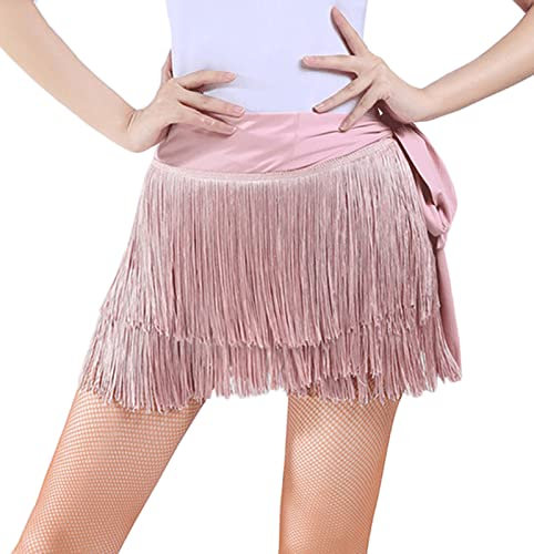 FEOYA Bauchtanz Quastenrock für Frauen mit Fransen Quaste Hüfttuch Tanzkostüm Mini-Rave-Rock Damenkleider Boho Bauchtanz Club Kostüm Strand Fransenröcke Rosa Einheitsgröße
