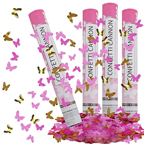 Konfettikanone Hochzeit, RosyFate 4 x Konfettikanonen Schmetterling 40cm, Konfetti Shooter, 6-10m Effekthöhe, Party Popper, für Hochzeit & Verlobung (Rosa Gold)