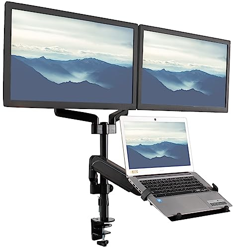 VIVO Laptop and Dual 17 to 32 inch Monitor Pneumatic Arm Mount, Fits 2 Flat or Curved Computer Screens and 10 to 15.6 Inch Notebooks, Laptop Tray, C-clamp, Grommet Mounting Base, Black, STAND-V003KL