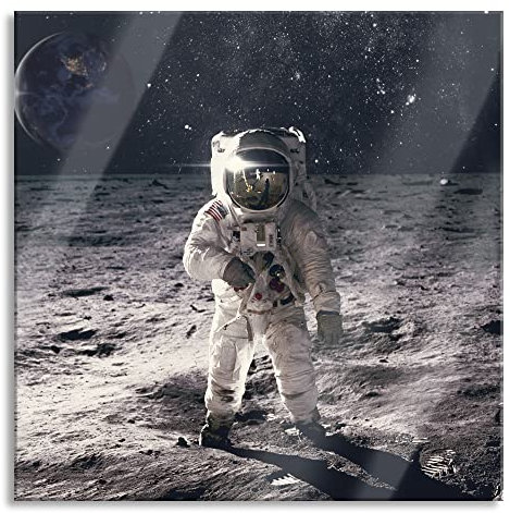 Pixxprint Glasbild, Wandbild auf Echtglas, Einsamer Astronaut auf dem Mond, 50x50 cm, inkl. Aufhängung und Abstandshalter