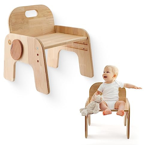 ibwaae Natural Solid Wooden Kids Chair Height-Adjustable Wooden Chair for Toddlers Montessori Furniture Birthday Gift for Children