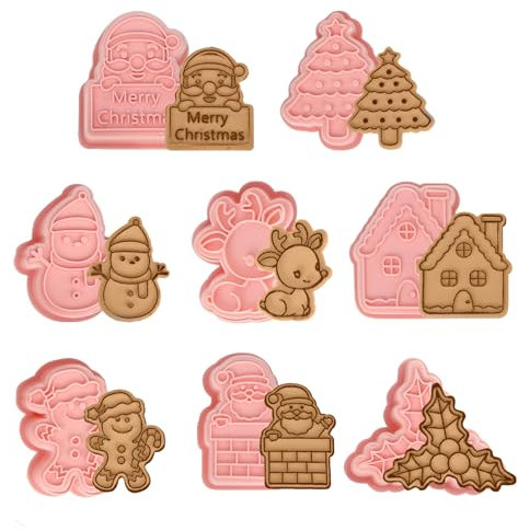 Christmas Cookie Cutter Set, 8pcs Plastic Christmas Biscuit Cutters Snowman Xmas Tree Santa Reindeer Gingerbread Man Cookie Stamp for Xmas Baking Cake Decorations A7SDMJBJT