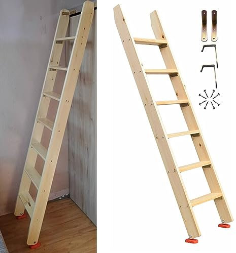 Etagenleiter mit extra Breiten Sprossen Oben, Hochbettleiter für Kinder- und Studentenwohnheime mit 2 Arten von Montagehalterungen und rutschfesten Fußpolstern, Buchladen-Holzleiter für älte