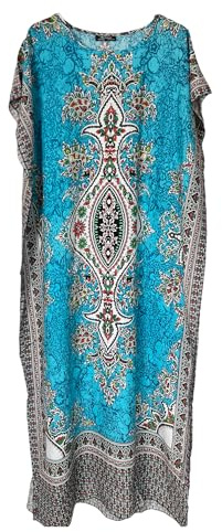 Damer bomull kaftan lång maxiklänning Dashiki afrikanskt tryck sommar strand en storlek, Turkos, en storlek