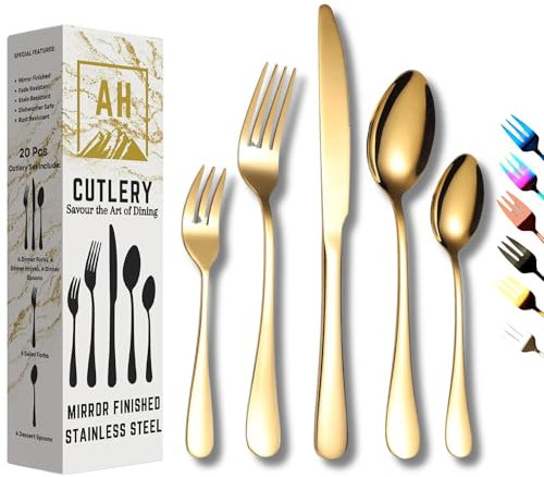20 Piece Cutlery Set in Gold Colour Service for 4, Premium Mirror Finish Tableware, Stainless Steel Flatware Serving Set, Dishwasher Safe Forks, Knives, & Spoons, Ideal for Home, Parties & Gifting
