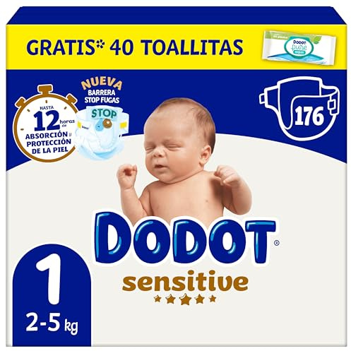 Dodot Pañales Bebé Sensitive Talla 1 (2-5 kg), 174 Pañales + 1 Pack de 40 Toallitas Gratis de Aqua Plastic Free, Nº1 en Protección de la Piel de Dodot, Pack Mensual