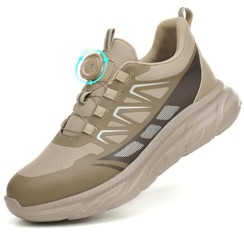 RASEARY Sicherheitsschuhe Arbeitsschuhe Herren Damen Bequem Stahlkappenschuhe Leicht Atmungsaktiv Industrielle Arbeitsschuhe mit Drehschnallen Schnürsenkeln,Khaki EU 37