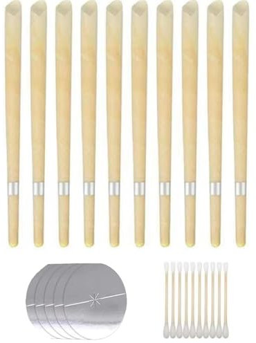 Ear Candles for Wax Removal, 10Pcs Natural Beeswax Ear Candles Kit with 5 Protective Disks+10 Cotton Swab, Ear Wax Candles for Blocked Ears Ear Cleaning Candles Earwax Remover Tool